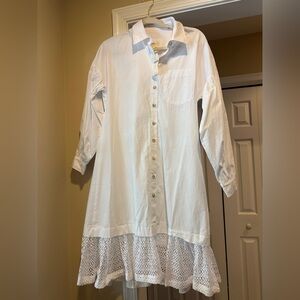 Anthropologie White Button-Up Dress with Lace Hem